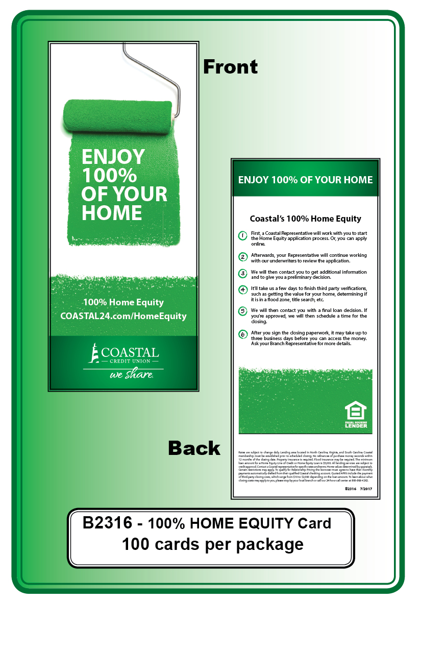 HOME EQUITY LOAN-100% ** <b> Order By: 100 cards per package</b>